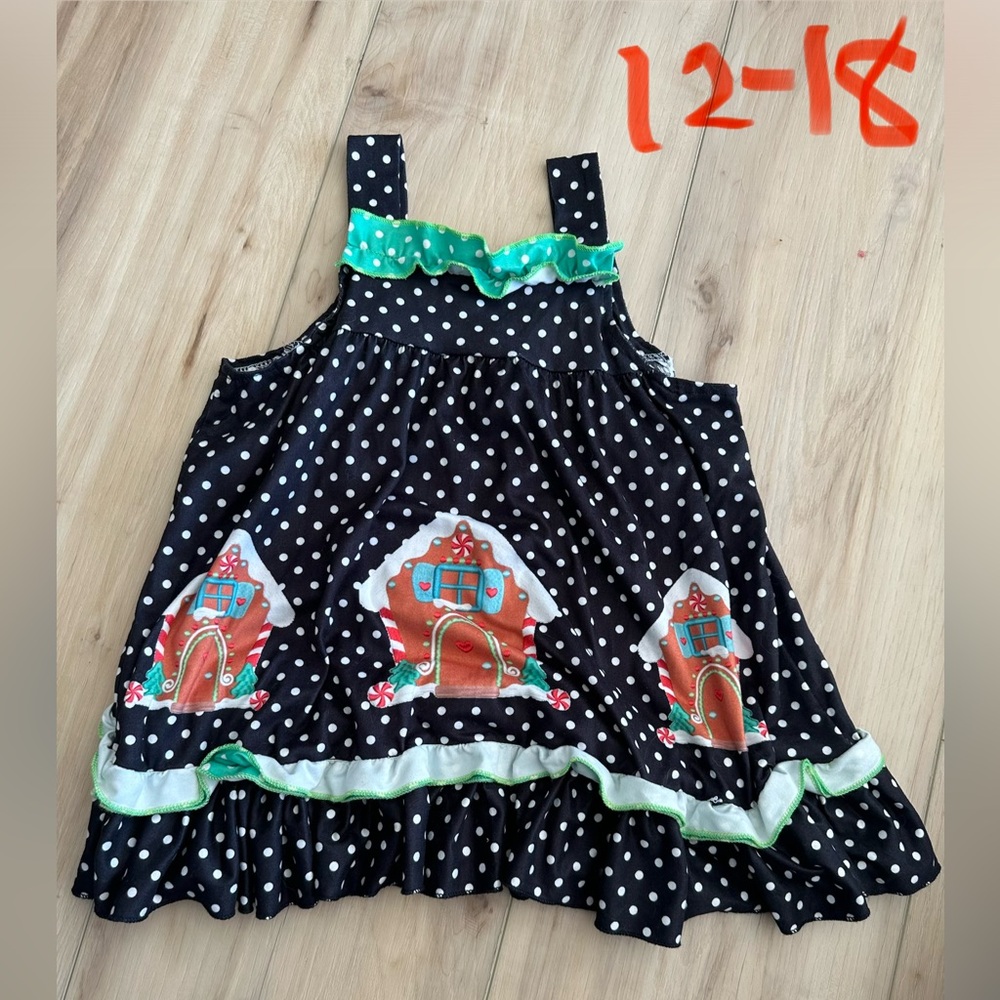 Polka Dot Christmas Gingerbread Kids Dress with Green Accents